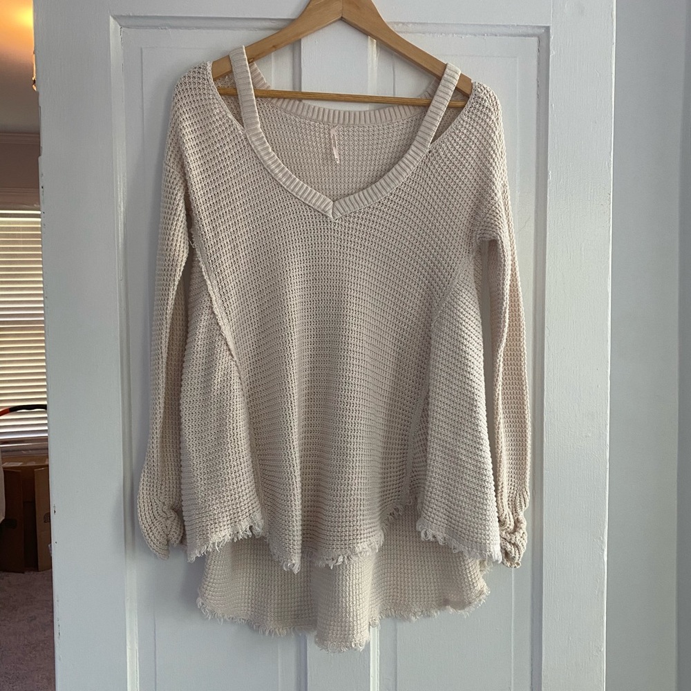 Free People Fringe Woven V Neck Tunic Ivory XS